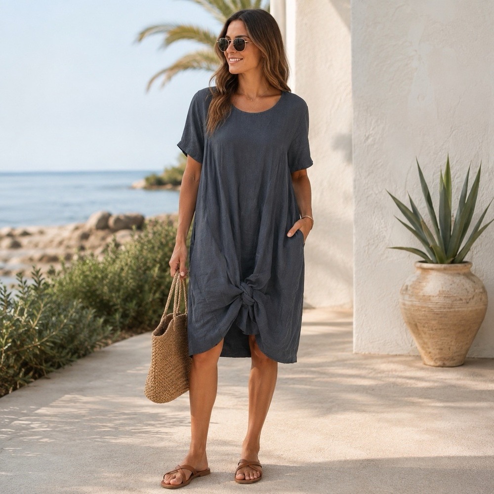 Womens Charcoal Gray Italian Linen Lagenlook Midi Dress Pockets Tie Hem Luxury
